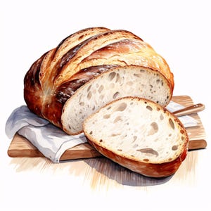 Puede incluir: Ilustración en acuarela de una hogaza de pan, parcialmente rebanada, que revela un interior poroso. El pan tiene una corteza dorada con secciones más oscuras y caramelizadas. Descansa sobre una tabla de cortar de madera con un paño blanco y un cuchillo.