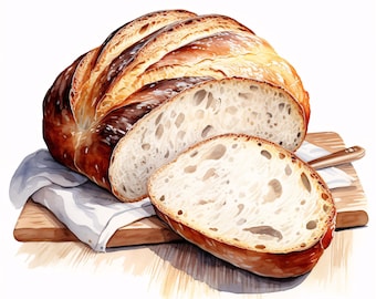 Imágenes de pan de masa madre, imágenes de pan rústico, 10 imágenes prediseñadas de acuarela, archivos JPG imprimibles, descarga instantánea, uso comercial, manualidades de papel