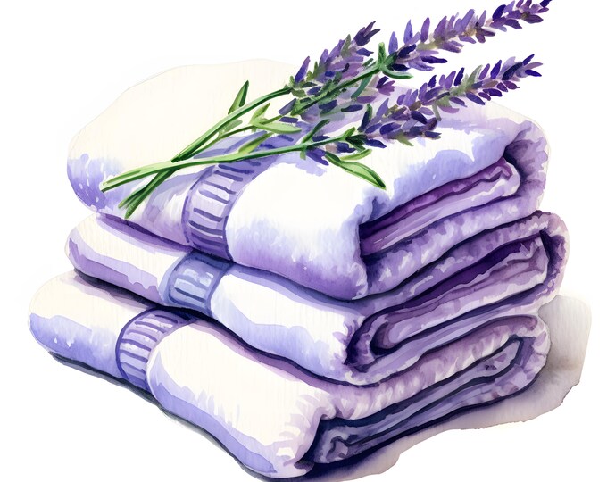 Lavender Towels Clipart, Towels with Lavender Images, 10 Watercolor Clip Art, Printable JPGs, Instant Download, Commercial Use, Paper craft