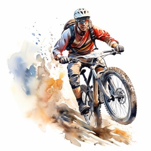 Mountain Bike Clipart, Bicycle Racing Images, 10 Watercolor Clip Art, Printable JPGs, Instant Download, Commercial Use, Paper craft
