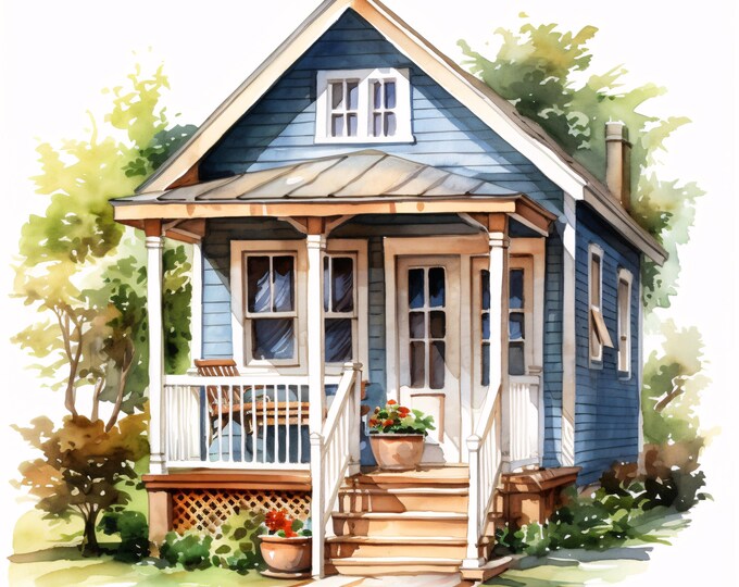 Tiny House Clipart, Cottage Home Images, 10 Watercolor Clip Art, Printable JPGs, Instant Download, Commercial Use, Paper craft