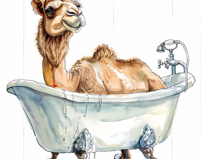 Camel in Bathtub Clipart, Camel Washing Images, 10 Watercolor Clip Art, Printable JPGs, Instant Download, Commercial Use, Paper craft