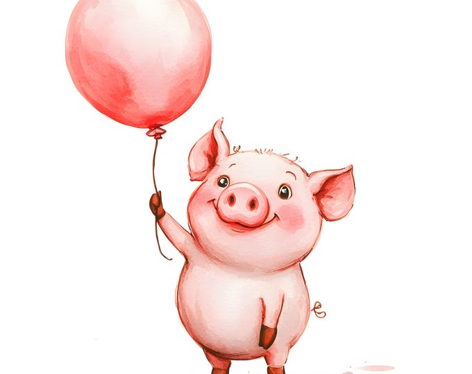 Pig Holding Balloon Clipart, Valentine's Day Pig Images, 10 Watercolor Clip Art, Printable JPGs, Instant Download, Commercial Use