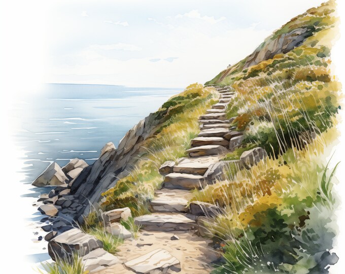Clifftop Walk Clipart, Rustic Footpath Images, 10 Watercolor Clip Art, Printable JPGs, Instant Download, Commercial Use, Paper craft