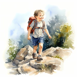 Imágenes de niños haciendo senderismo, niños viajeros, imágenes de excursionistas, 10 imágenes prediseñadas de acuarela, archivos JPG imprimibles, descarga instantánea, uso comercial, manualidades de papel