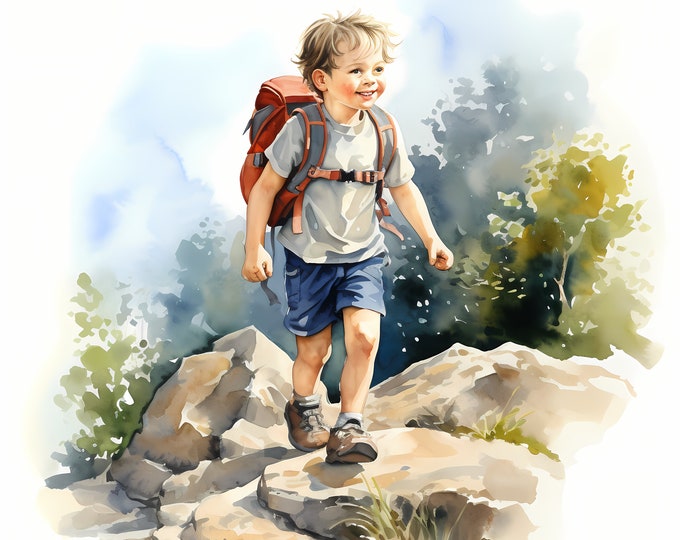 Child Hiking Clipart, Kid Traveler, Hiker Images, 10 Watercolor Clip Art, Printable JPGs, Instant Download, Commercial Use, Paper craft