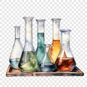 Può includere: Illustrazione ad acquerello di sei beute di vetro riempite di liquidi colorati, tra cui tonalità blu, verdi e arancioni. Le beute sono disposte su un vassoio di legno, che mostra un tema scientifico o di laboratorio.