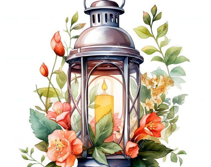 Floral Lantern Clipart, Antique Lantern Images, 10 Watercolor Clip Art, Printable JPGs, Instant Download, Commercial Use, Paper craft