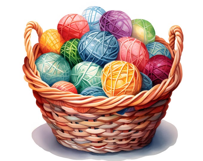 Yarn Balls Basket Clipart, Knitting Images, 10 Watercolor Clip Art, Printable JPGs, Instant Download, Commercial Use, Paper craft