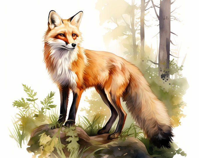 Red Fox Clipart, Fox in Forest Images, 10 Watercolor Clip Art, Printable JPGs, Instant Download, Commercial Use, Paper craft
