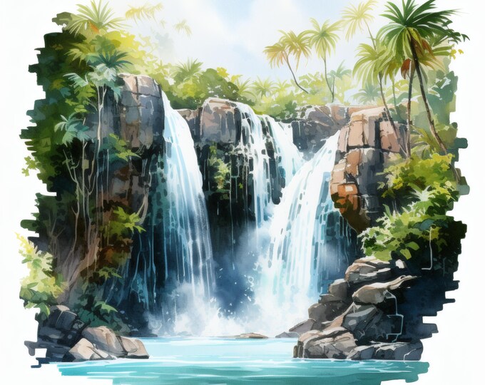 Waterfall Clipart, Tropical Water Fall Images, 10 Watercolor Clip Art, Printable JPGs, Instant Download, Commercial Use, Paper craft