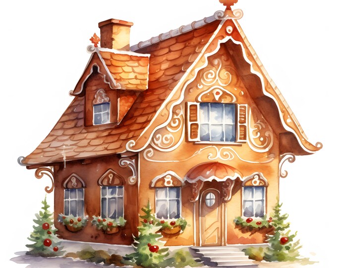 Gingerbread House Clipart, Candy Houses Images, 10 Watercolor Clip Art, Printable JPGs, Instant Download, Commercial Use, Paper craft