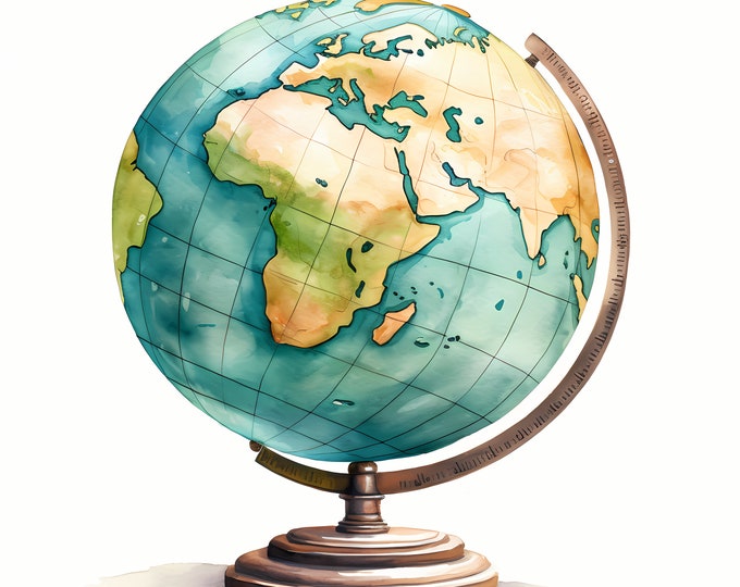 Vintage Globes Clipart, World Map Globus Images, 10 Watercolor Clip Art, Printable JPGs, Instant Download, Commercial Use, Paper craft