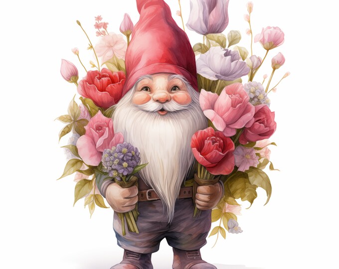 Flower Gnome Clipart, Gnome with Flowers Images, 10 Watercolor Clip Art, Printable JPGs, Instant Download, Commercial Use, Paper craft