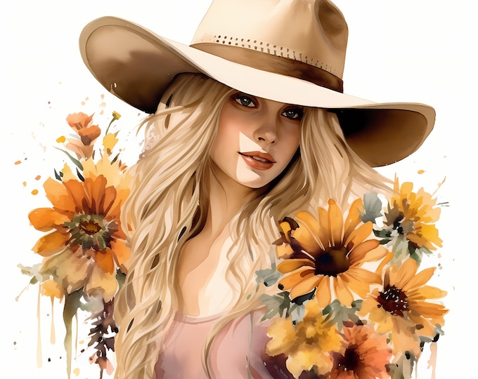 Cowgirl with Flowers Clipart, Cowgirl Hat Images, 10 Watercolor Clip Art, Printable JPGs, Instant Download, Commercial Use, Paper craft
