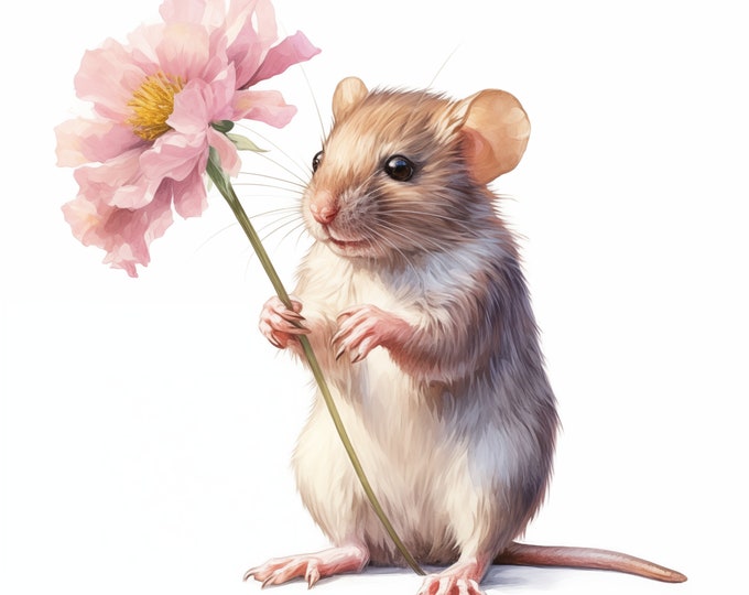 Mouse and Flower Clipart, Mouse with Flower Images, 10 Watercolor Clip Art, Printable JPGs, Instant Download, Commercial Use, Paper craft