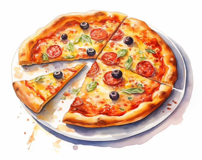 Pizza Clipart, Pizza Slice, Fast Food Images, 10 Watercolor Clip Art, Printable JPGs, Instant Download, Commercial Use, Paper craft