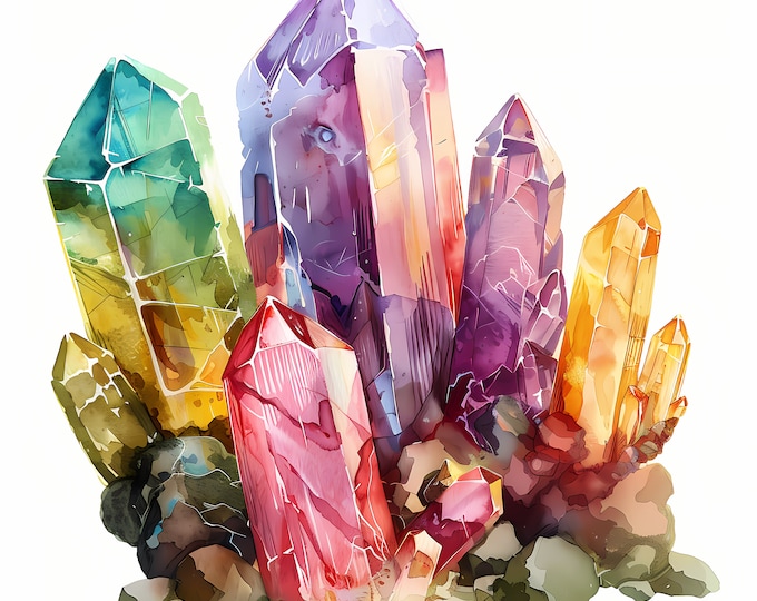 Gemstone Clipart, Crystals Gemstones Images, 10 Watercolor Clip Art, Printable JPGs, Instant Download, Commercial Use, Paper craft