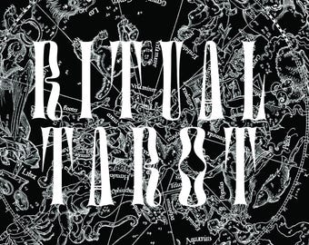 May include: A black and white graphic design featuring the text RITUAL TAROT in a stylized serif font centered over a detailed circular celestial star map. The background is solid black with white line illustrations of various constellations.