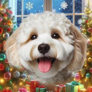 May include: A fluffy white and cream-colored dog with brown ears and a pink tongue, positioned in front of a window with falling snow. Two decorated Christmas trees with colorful ornaments and wrapped gift boxes surround the dog with text Merry Christmas.