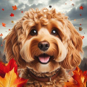 Op de afbeelding: Een close-up van een vrolijke, lichtbruine hond met krullend haar, met een bruine halsband. De hond wordt omringd door vallende herfstbladeren in tinten rood, oranje en geel tegen een bewolkte lucht.