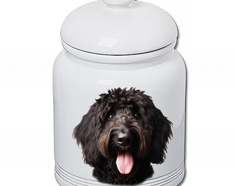 Goldendoodle Black - Best of Breed Dog and Cat Ceramic Treat Jar 9" Tall Air Tight Seal All White