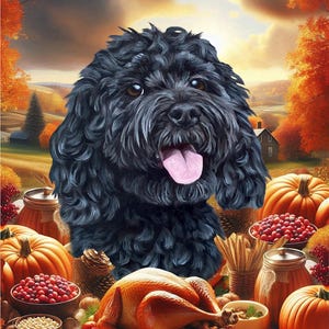 May include: A black curly-haired dog centered in front of a Thanksgiving feast featuring a roasted turkey, orange pumpkins, and bowls of cranberries. The text Happy Thanksgiving is written in white cursive script at the bottom of the image.
