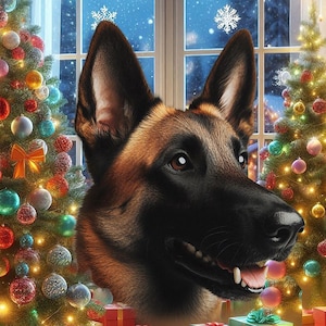 May include: A German Shepherd dog portrait centered between two Christmas trees decorated with colorful ornaments and lights. Below the dog, several wrapped gift boxes are arranged on the floor with the text Merry Christmas in white script.
