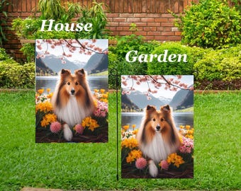 May include: Two garden flags with a Sheltie dog design. The flags feature a Sheltie dog in a field of flowers with a mountain and lake backdrop. The flags are labeled "House" and "Garden".