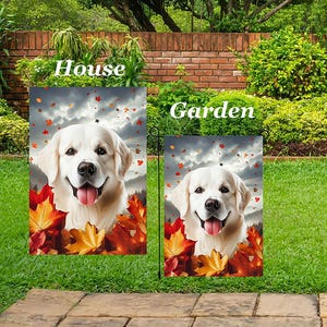 Golden Retriever Branco - Melhor da Raça Folhas Caindo para Casa ao Ar Livre (71 cm x 102 cm) e Jardim (30 cm x 43 cm) Bandeira Decorativa
