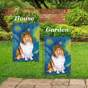 May include: Two decorative garden flags featuring a collie dog against a starry night sky background. The flags are rectangular and have the words "House" and "Garden" printed on them. The dog is depicted in shades of brown, white, and tan.
