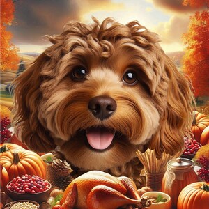 May include: A brown curly-haired dog centered above a Thanksgiving feast featuring a roasted turkey, orange pumpkins, cranberries, and bowls of food. The text Happy Thanksgiving is written in white cursive script at the bottom of the image.
