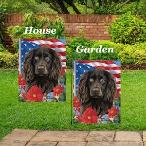 May include: Two garden flags featuring a brown dog with a patriotic theme. The flags display the dog's portrait against a backdrop of the American flag, red flowers, and blue hydrangeas. The flags are labeled "House" and "Garden".