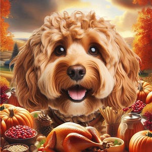 Puede incluir: Un perro de pelaje rizado color marrón dorado sobre un banquete de Acción de Gracias con un pavo asado, calabazas, arándanos y cuencos de comida. El texto Happy Thanksgiving está escrito en cursiva blanca en la parte inferior.