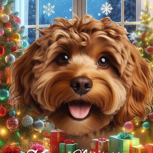 May include: A fluffy brown dog with curly fur and a happy expression, positioned in front of a decorated Christmas tree with colorful ornaments and glowing lights. Below the dog, several wrapped gift boxes sit on the floor with the text Merry Christmas.