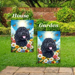 May include: Two garden flags with a black dog design. The flags feature a sunny sky, butterflies, and a flower garden. The text "House" and "Garden" are printed on the flags.