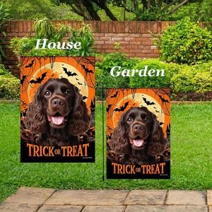May include: Two Halloween-themed flags, one for the house and one for the garden, featuring a brown dog with a Halloween background. The flags have the text "Trick or Treat" in orange and black. The background includes bats and a full moon.