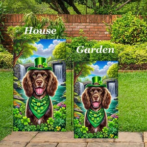 May include: A St. Patrick's Day garden flag and house flag featuring a brown dog wearing a green hat and bandana. The flags have a scenic background with a waterfall, bridge, and shamrocks. The word "House" and "Garden" are displayed.