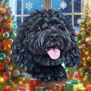 May include: A portrait of a fluffy black dog with brown eyes and a pink tongue sticking out, positioned in front of two decorated Christmas trees with colorful ornaments and lights, with wrapped gifts and the text Merry Christmas below.