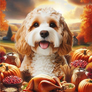 May include: A fluffy light brown and white dog sits behind a Thanksgiving feast featuring a roasted turkey, bowls of cranberries, pumpkins, and jars. The text "Happy Thanksgiving" is written in white cursive script at the bottom of the image.