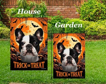 Bulldog Francês Branco/Preto - Melhor da Raça Halloween Outdoor Casa (71 cm x 102 cm) e Jardim (30 cm x 43 cm) Bandeira Decorativa