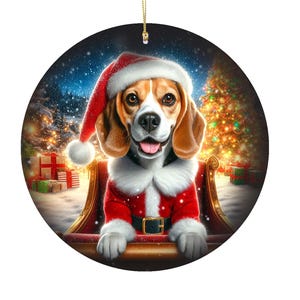 May include: Circular Christmas decoration showing a Beagle dog dressed as Santa Claus, wearing a red suit and hat with white trim. The dog is in a sleigh with a snowy background and Christmas tree.