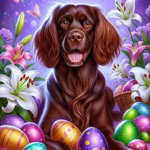 Op de afbeelding: Een bruine hond met lang, golvend haar zit tussen paaseieren en bloemen. De eieren zijn versierd met verschillende patronen en kleuren, waaronder goud, paars en groen. Witte lelies en roze bloemen omringen de hond tegen een paarse achtergrond.