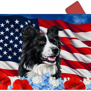 May include: Mailbox featuring a Border Collie dog with a black and white coat, set against a backdrop of the American flag. Red poppies and blue flowers adorn the bottom of the mailbox.