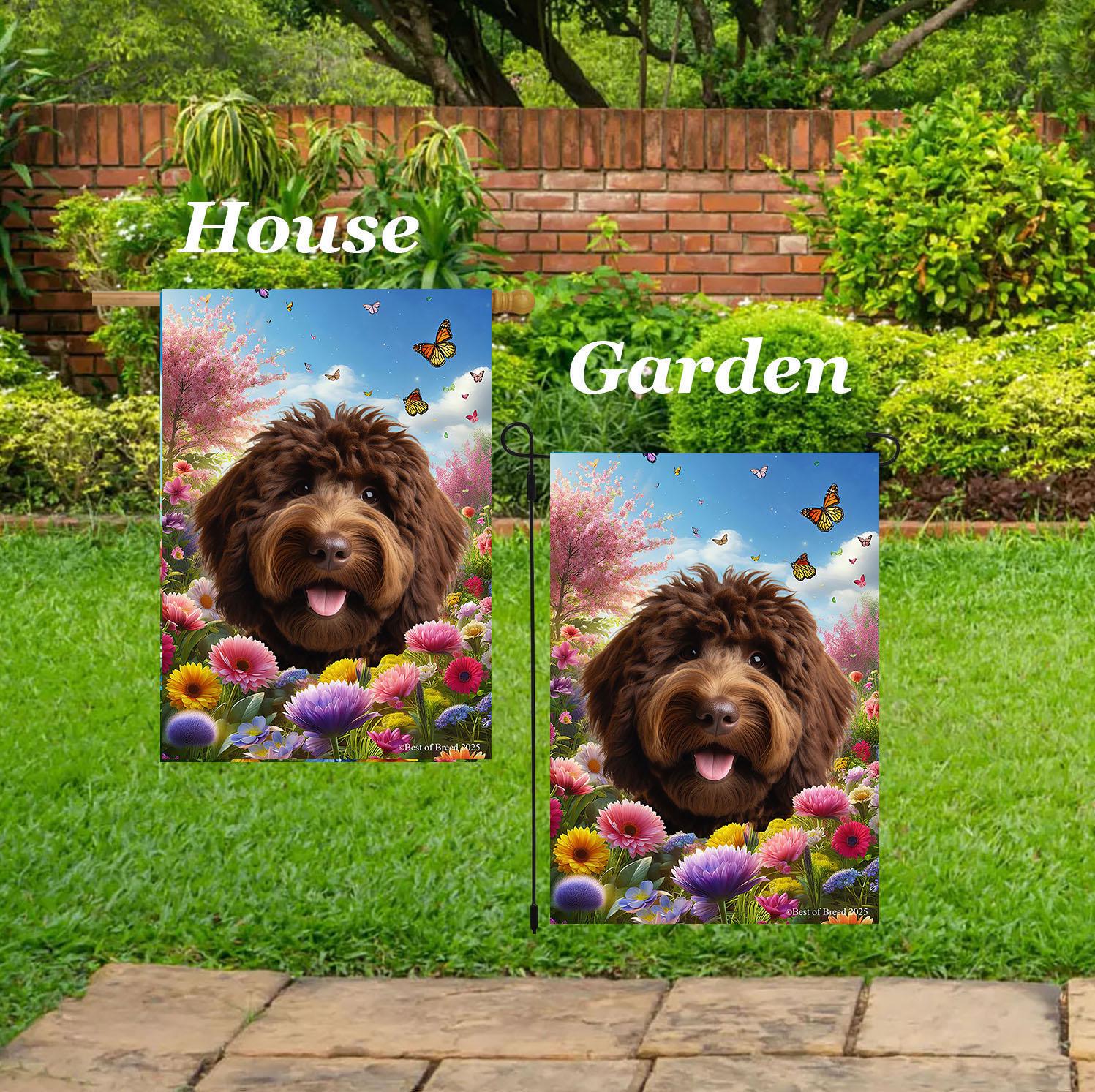 ゴールデンドゥードル チョコレート - ベスト・オブ・ブリード スプリングバタフライ アウトドアハウス（28インチ x  40インチ）とガーデン（12インチ x 17インチ）装飾旗 - Etsy 日本, image size:1497x1493