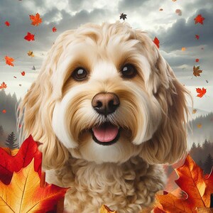 May include: A light-colored dog with a happy expression, surrounded by falling autumn leaves. The dog has a fluffy coat and is set against a cloudy sky and a backdrop of trees. The leaves are red, orange, and yellow.