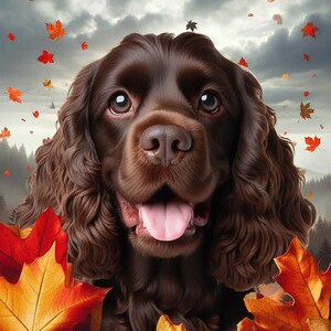 May include: A brown Cocker Spaniel dog with a happy expression, tongue out, surrounded by autumn leaves. The background features a cloudy sky and a hint of a forest. Autumnal theme.