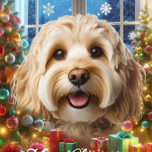 May include: A fluffy cream-colored dog with brown eyes and a pink tongue, positioned between two decorated Christmas trees with colorful ornaments and lights. Below the dog, wrapped gift boxes sit on the floor with the text Merry Christmas.
