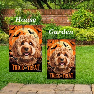 May include: Halloween garden flags featuring a smiling dog with a Trick or Treat design. The flags have an orange background with bats and a full moon. The word "House" is above the larger flag and "Garden" is above the smaller flag.