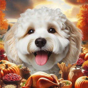 May include: A fluffy white and tan dog with a happy expression and tongue out, positioned above a Thanksgiving feast featuring a roasted turkey, orange pumpkins, bowls of cranberries, and the text Happy Thanksgiving in white script.